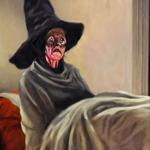 Image similar to creepy old cursed witch watching you sleep, eerie, haunted, oil painting