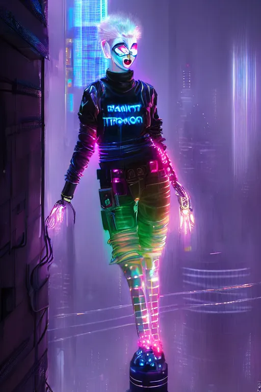 Image similar to portrait futuristic stylish cyberpunk young female clown, in futuristic rainny thunder flashing tokyo rooftop cyberpunk night, ssci-fi, fantasy, intricate, very very beautiful, elegant, neon light, highly detailed, digital painting, artstation, concept art, soft light, hdri, smooth, sharp focus, illustration, art by tian zi and craig mullins and WLOP and alphonse mucha