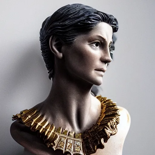 Image similar to photo taken of an epic intricate, ultra detailed, super realistic bust of a majestic gracious regal aristocratic brunette female vampire created by weta workshop, menacing, some zoomed in shots, photorealistic, sharp focus, white wall, extremely cold blueish colour temperature, 3 5 mm, f 1. 4, golden ratio