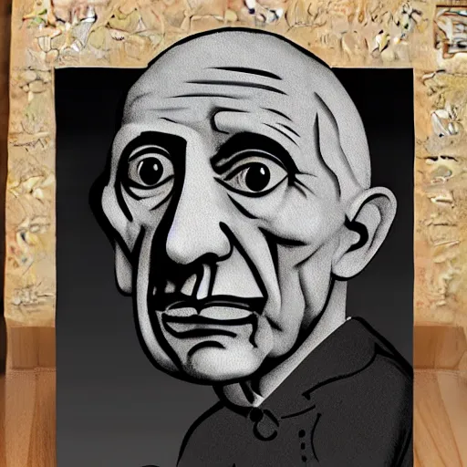 Prompt: high quality portrait flat matte painting of Pablo Picasso in the style of nendoroid and Toon toys , flat anime style, thick painting, medium close-up