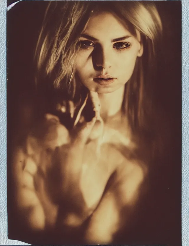 Prompt: polaroid photo with flash, slavic model, polaroid photo bleached strong lights, kodak film stock, hyper real, stunning moody cinematography, with anamorphic lenses, by maripol, detailed