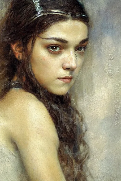 Image similar to portrait of arya stark. art by gaston bussiere.