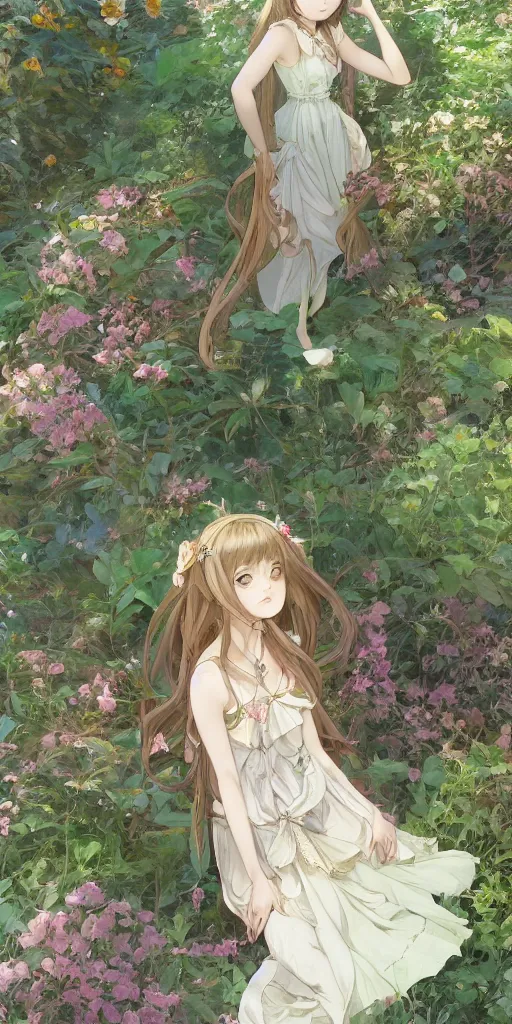 Image similar to a digital art of a loli with long hair in a dress in the privet garden at after noon, green and warm theme, back lighting, by krenz cushart and mucha and akihito yoshida and greg rutkowski and makoto shinkai, extremely long shot, detailed eyes, 4 k resolution, trending on art station