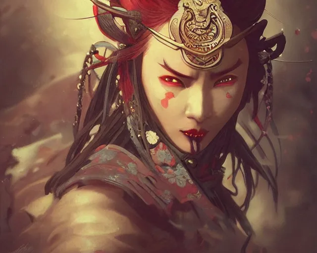 Image similar to oni samurai japanese style, face, fantasy, intricate, elegant, highly detailed, digital painting, artstation, concept art, smooth, sharp focus, illustration, artstation, cgsociety, art by artgerm and greg rutkowski and alphonse mucha