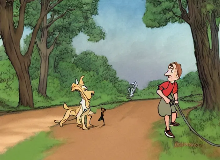 Image similar to A cartoon of a boy and his dog walking down a forest lane, style by don bluth