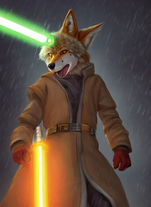 Prompt: character portrait of a anthro coyote fursona wearing jedi robes wielding an orange lightsaber in a cyberpunk city at night while it rains. hidari, color page, tankoban, 4K, tone mapping, Akihiko Yoshida.