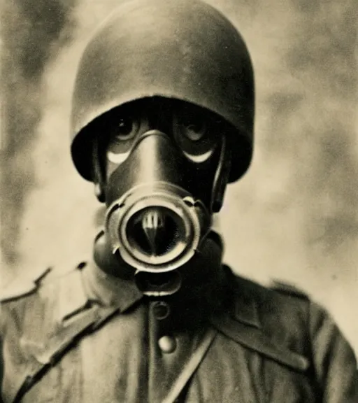 Prompt: a man at distance wearing pointy beak-like gas mask, ww1 film photo, grainy, high detail, high resolution