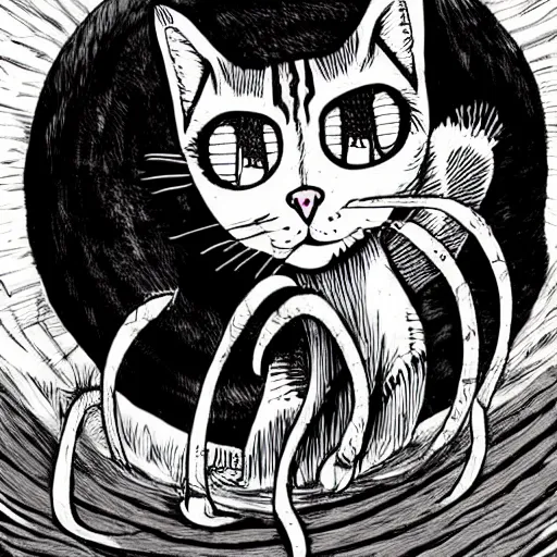 Image similar to a cat taking over the world, in the style of junji ito