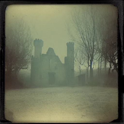 Prompt: you are lost in an old abandoned castle, hard to breathe, polaroid, laminal space, foggy