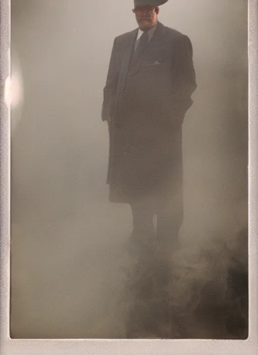 Prompt: mysterious man in suit and hat wraped in a halo of smoke, the background is a big industrial city metropoli, cloudy sky, polaroid photo