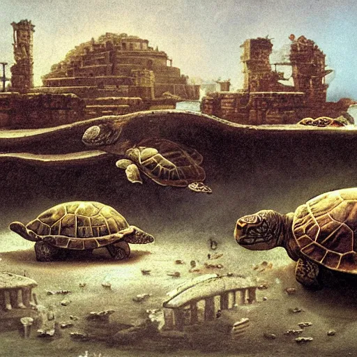 Prompt: mega turtles in an underwater ruined city of Atlantis , by Michael Sowa