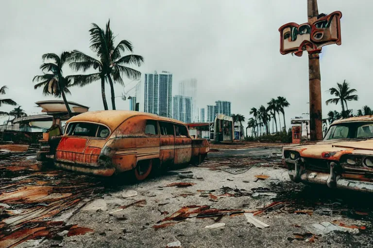 Image similar to low wide angle shot of dilapidated fallout 5 miami, tropical coastal city, desolate, dilapidated neon signs, few rusted retro futuristic vintage parked vehicles like cars, buses, trucks, trams, volumetric lighting, photorealistic, foggy, rain daytime, autumn, overcast weather, sharp focus, ultra detailed, 4 0 0 0 k