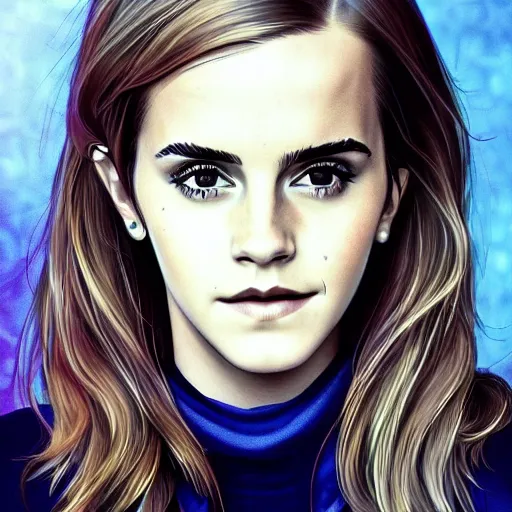 Prompt: portrait of emma watson staring at you, beautiful, long hair, eye contact, slight smile, high detail, vivid colors, navy background, artstation