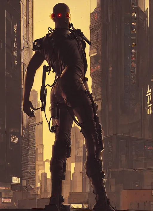 Prompt: cyberpunk hitman in tactical harness and jumpsuit. portrait by stonehouse and mœbius and will eisner and gil elvgren and pixar. realistic proportions. dystopian. cyberpunk 2 0 7 7, apex, blade runner 2 0 4 9 concept art. cel shading. attractive face. thick lines.