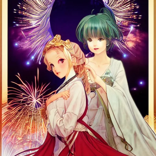 Prompt: two beautiful girls watching fireworks, digital art, by range murata, akiyuki shinbou, alphonse mucha, masamune shirow, josan gonzales, highly detailed, realistic, cinematic, trending on pixiv fanbox