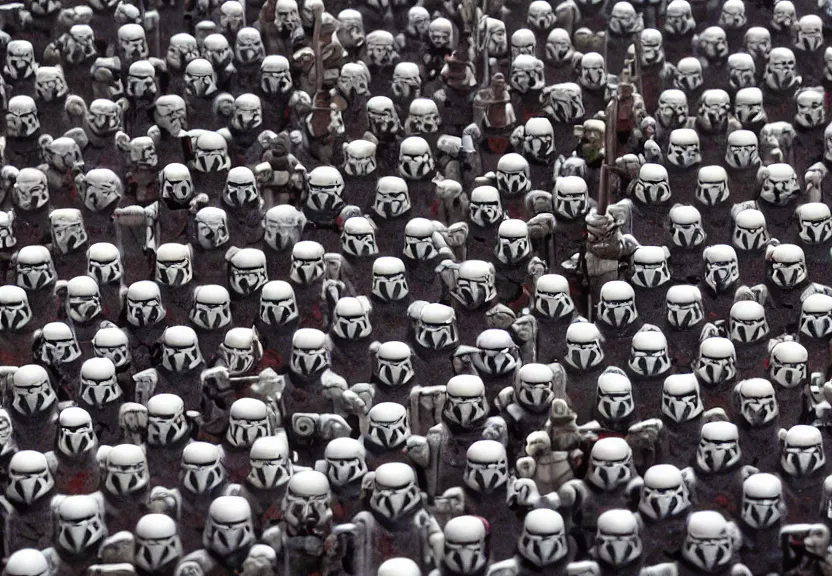 Prompt: a medieval tapestry of an army of storm troopers standing in ranks aboard a star destroyer