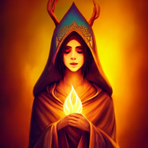 Image similar to ( a priestess with a hood that covers half her face carries an incense burner that emits a pleasantly colored flame. ) by anato finnstark, dream, full body portrait, dynamic lighting, beautiful, trending on artstation, wallpaper, 4 k, award winning, digital art, very detailed faces