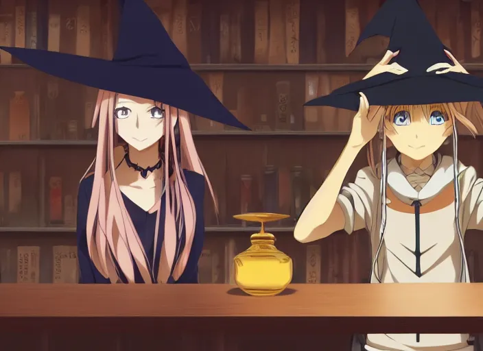 Image similar to anime visual, portrait of a young female traveler wearing a witch hat in a alchemist's potion shop interior, cute face from katsura masakazu and yoh yoshinari,, cinematic luts, dynamic pose, dynamic perspective, strong silhouette, anime cels, ilya kuvshinov, crisp and sharp, rounded eyes, moody, cool colors