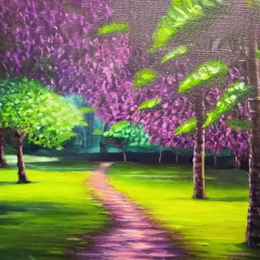 Image similar to tranquil oil painting of purple garden withe green trees, detailed, 8k, mesmerizing