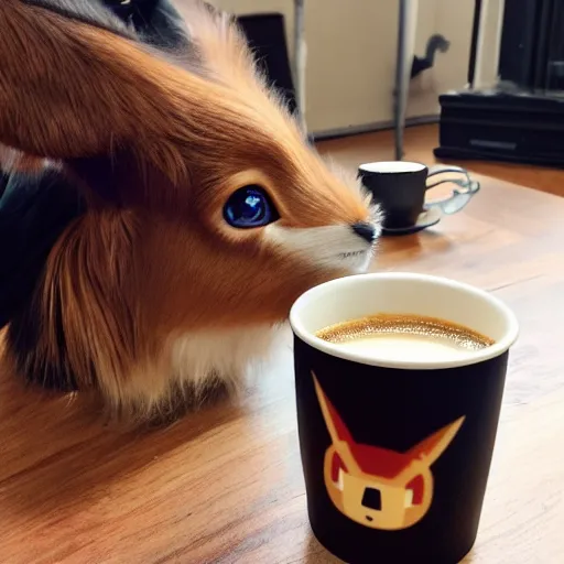 Image similar to eevee drinking coffee