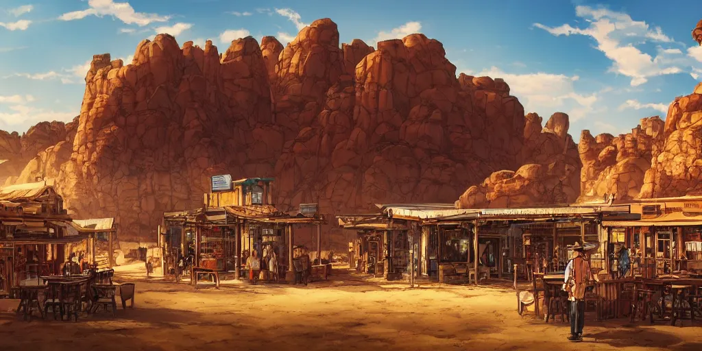 Image similar to a western saloon in the middle of the desert, blue sky and cirrus clouds in background, wide angle by ross tran and makoto shinkai and dan mumford, oasis, cactus, big red rocks, tumbleweeds, pulp sci - fi illustration, very detailed, 4 k horizontal wallpaper,