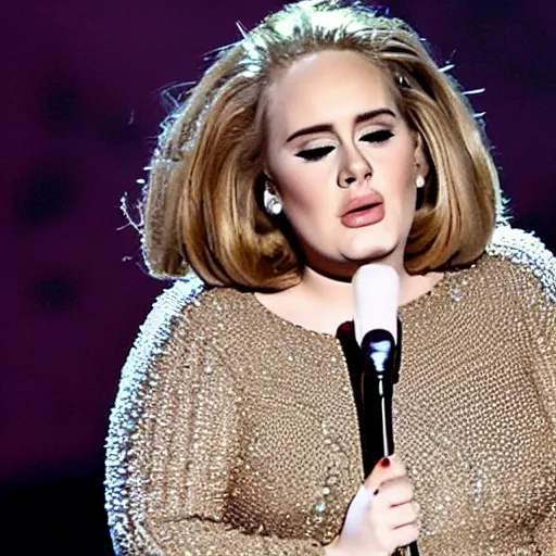 Prompt: Adele with the face of Danny Devito, concert, live performance, full body shot