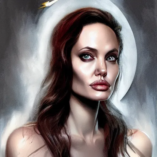 Image similar to Angelina Jolie as Lucifer Morningstar, highly detailed, digital painting, artstation, concept art, smooth, sharp focus, illustration, ArtStation, art by Katsuhiro Otomo and Tom Bagshaw