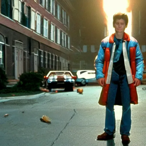 Image similar to stunning awe inspiring tom holland as marty mcfly in the movie back to the future, movie still 8 k hdr atmospheric lighting