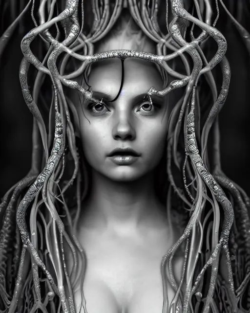 Image similar to mythical dreamy underwater black and white photo of a translucent beautiful female angelic - medusa - vegetal, highly detailed, intricate crystal ivy jelly ornate, poetic, translucent algae ornate, digital art, octane render, 8 k artistic photography, photo - realistic, hg giger