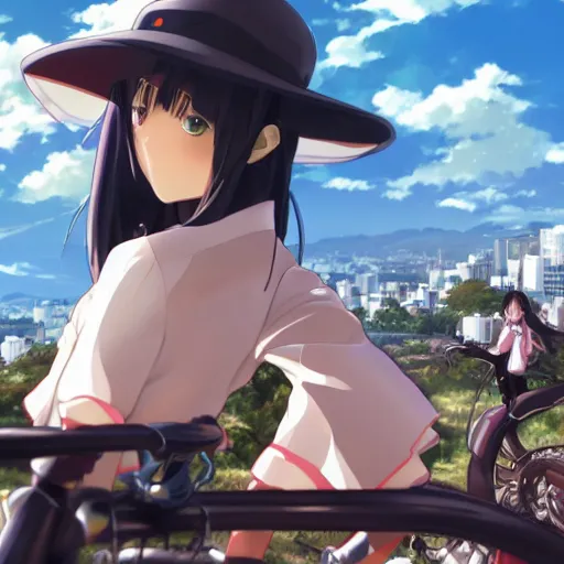 Prompt: close up of a high definition anime girl with rappi clothes in a rappi bike with armenia quindio in the background , Artwork by Makoto Shinkai, pixiv, 8k, official media, wallpaper, hd