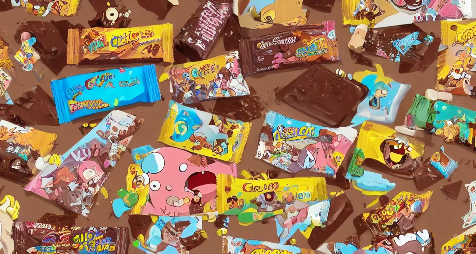 Image similar to cartoon chocolate bars sitting on toilets, in the style of adventure time, the amazing world of gumball, pixar, toki doki, greg rutkowski and makoto shinkai, trending on artstation