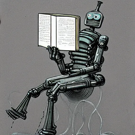 Image similar to retro dark vintage sci-fi, 2D matte illustration, robot reading a book in a park, art by Szukalski, Beksinski