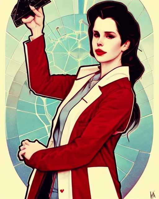 Image similar to lana del rey as a confident scientist, wearing a labcoat, intricate, red white and black color scheme, illustration by krenz cushart, alphonse mucha, artgerm, trending on artstation