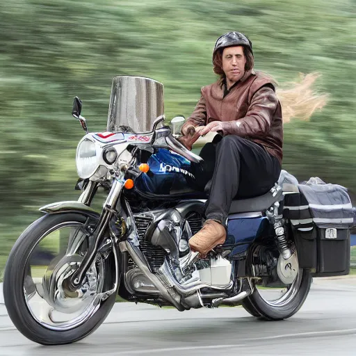 Image similar to A photo of Saul Goodman riding a motorcycle, highly detailed, 4k