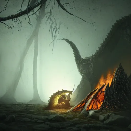 Image similar to Ancient Dragon boss from dark souls 2 sleeping near a camp fire, evening time, fog, heavy rain, rain water reflections in ground, digital illustration, crisp details, highly detailed art, 8k image quality, full body camera shot