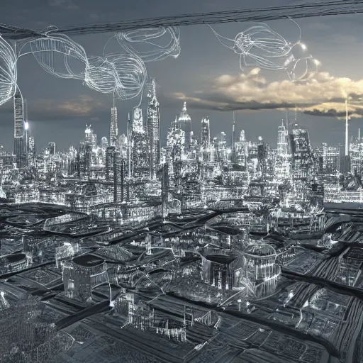 Prompt: photorealistic, hdr, highly detailed, 4 k, city made out of shiny silver wire