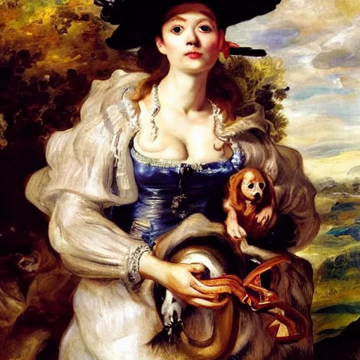 Image similar to heavenly summer sharp land sphere scallop well dressed lady walking her chiwawa on a leash auslese, by peter paul rubens and eugene delacroix and karol bak, hyperrealism, digital illustration, fauvist, chiwawa on a leash