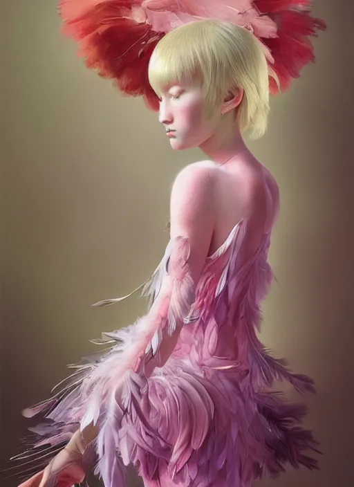 Prompt: beautiful little girl with an pink eccentric haircut wearing an dress made of feathers dancing on stage, artwork made by ilya kuvshinov, inspired in donato giancola and balthus, hd, ultra realistic, reflection, flowers, light, realistic face, bird tattoo, trending on pixiv, 8 k, ray tracing, glorious