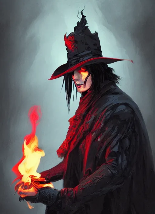 Prompt: a medium shot of a male necromancer with long black hair that covers his eyes wearing a red victorian era coat, backlighting, blue hour, holding green fire, lit from below with red lighting, high contrast, highly detailed, sharp focus, digital painting, concept art, illustration, trending on artstation, Bloodborne art, art by greg rutkowski + greg hildebrandt + alphonse mucha