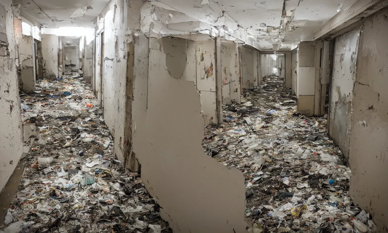 Image similar to backrooms abandoned mall, moldy walls and fiery garbage