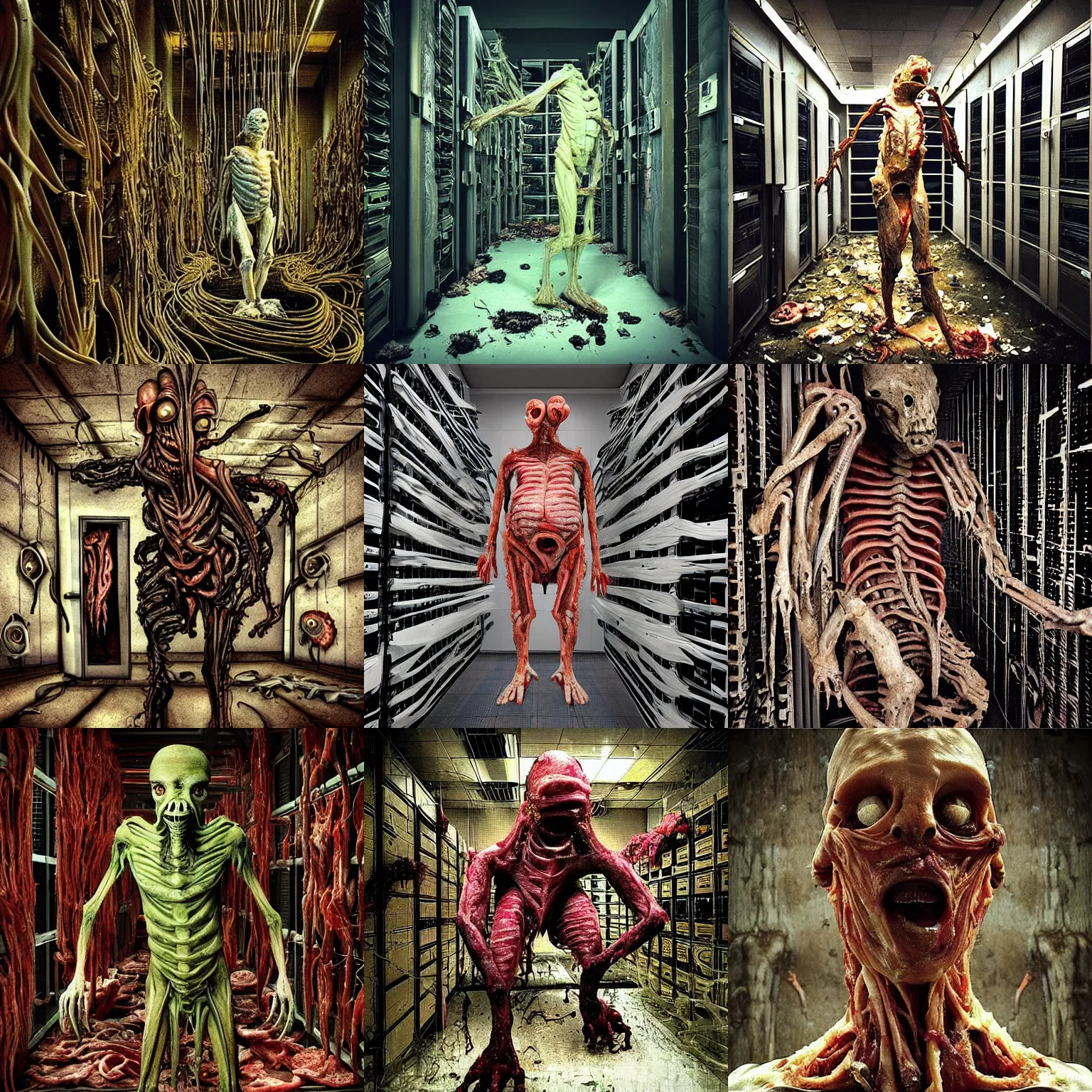 Prompt: “ugly grotesque gross flesh raw meat insectoid mummy monster standing in a filthy dirty small server room filled with garbage and networking cables. David Cronenberg. Body horror style.”