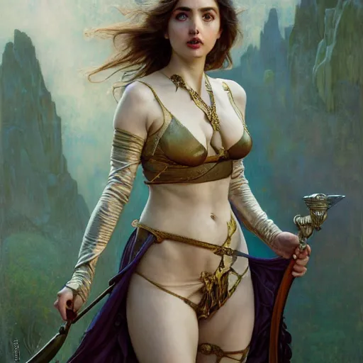 Image similar to ana de armas with sword and potions drawn by Donato Giancola and Tom Bagshaw, face by Artgerm, overall design by Alphonse Mucha, background by James Jean and Gustav Klimt, light by Julie Bell, 4k, porcelain skin, komorebi, french nouveau, trending on artstation, octane render, hyperrealistic