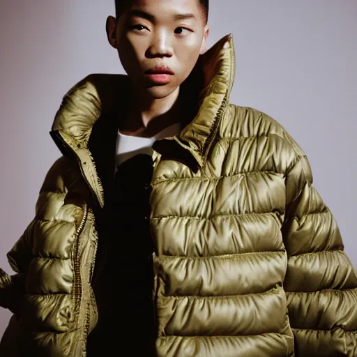 Image similar to realistic photoshooting for a new balenciaga lookbook, color film photography, portrait of a blonde asian woman, model wearing a puffer jacket, photo in style of tyler mitchell, 3 5 mm,