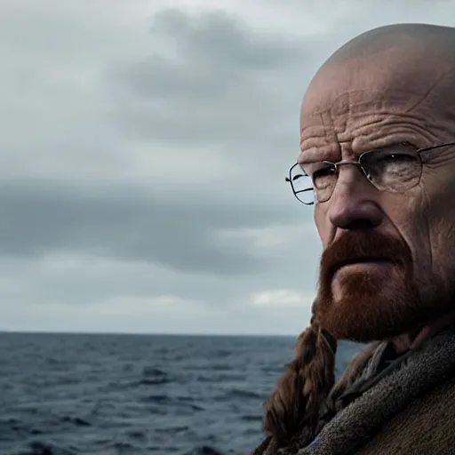 Prompt: Walter White Standing at the bow of a ship in Vikings TV series.