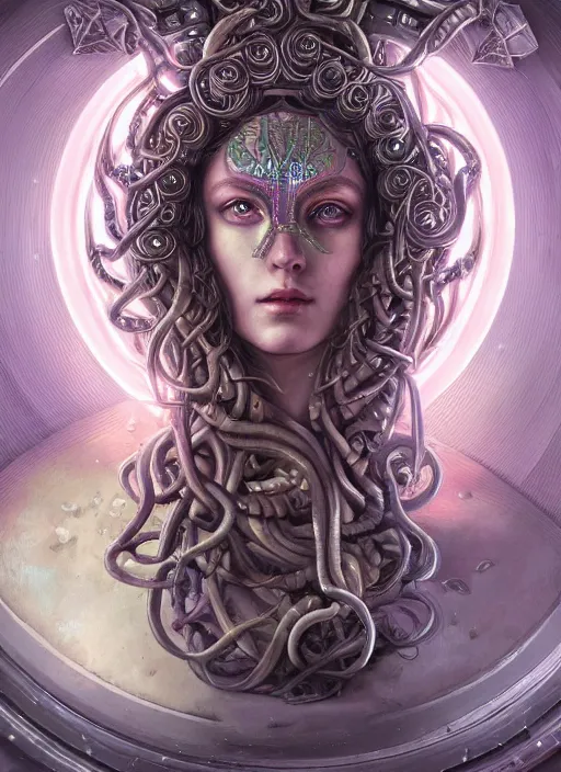 Image similar to pre-raphaelite ultradetailed ornate sci-fi RPG illustration of a beautiful symmetric Medusa radiating a glowing aura wearing a cyberpunk armor with decorum, digital airbrush painting, 3d rim light, hyperrealistic masterpiece, artstation, cgsociety, kodakchrome