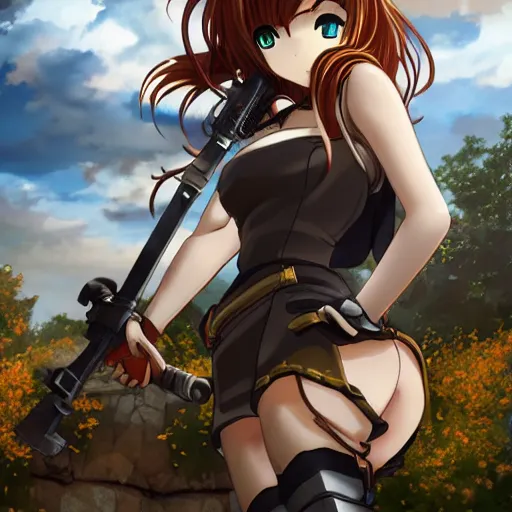 Image similar to anime girl with steampunk weapons preparing to fight a giant robot, extremely detailed, cinematic lighting, beautiful, intense, clouds, lush, trees,