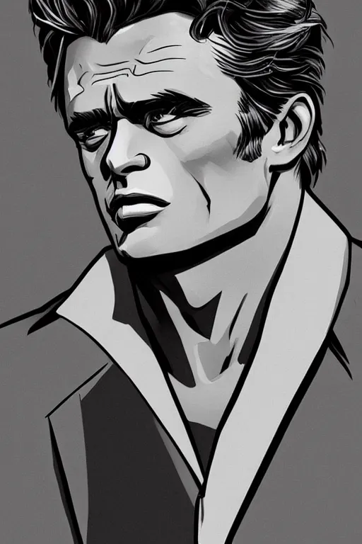 Image similar to james dean as the incredible hulk, handsome monster, sharp cheekbones, deep dimples, strong jaw, dynamic lighting, ultra detailed, fantasy illustration, comic concept art