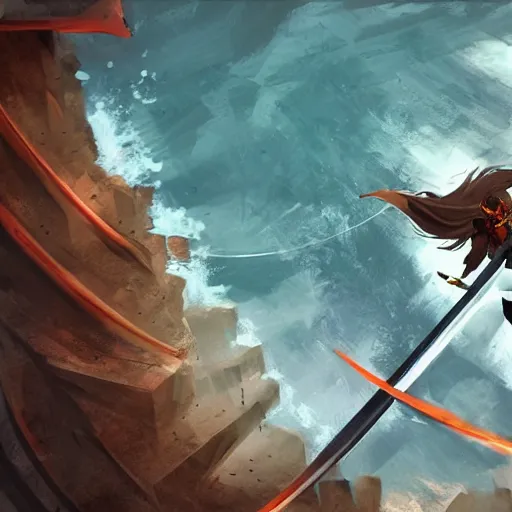 Prompt: sword duel, marble platform, sea, movie concept art, high angle shot, dark orange colors, men