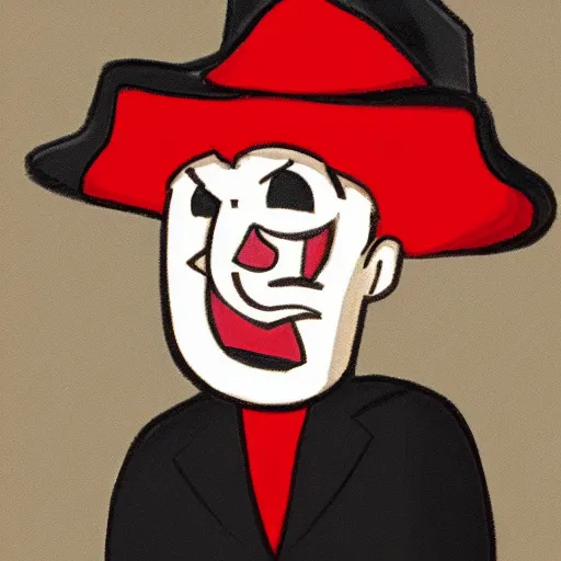 Prompt: A portrait of an evil sorecerer with a red hat, cartoon style, high detail, 8k