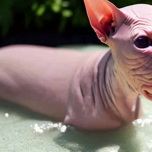 Image similar to a hairless sphynx cat swimming in a baby pool filled with milk